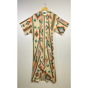 Turquoise Haven boho aztec floor length duster kimono cardigan L/XL